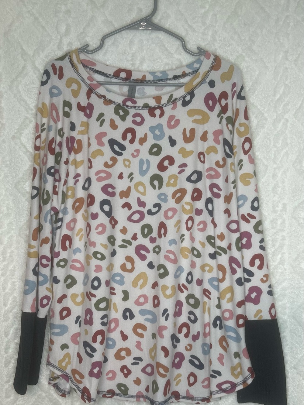 Honeyme White Long Sleeve Top with Multicolor Leopard Spots